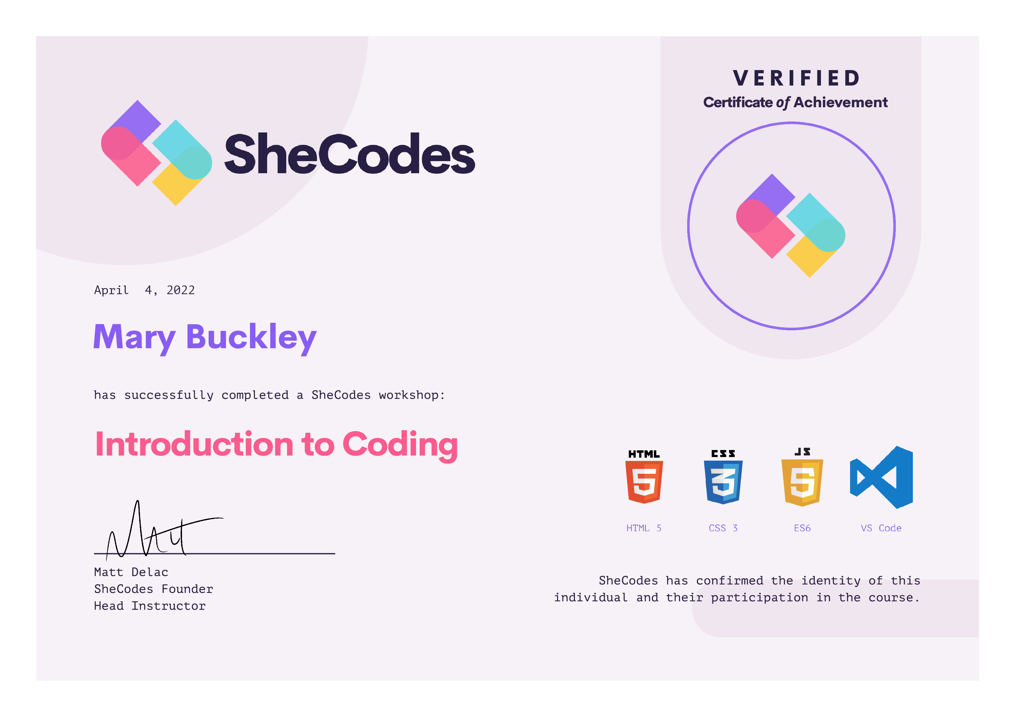 SheCodes Basics certificate